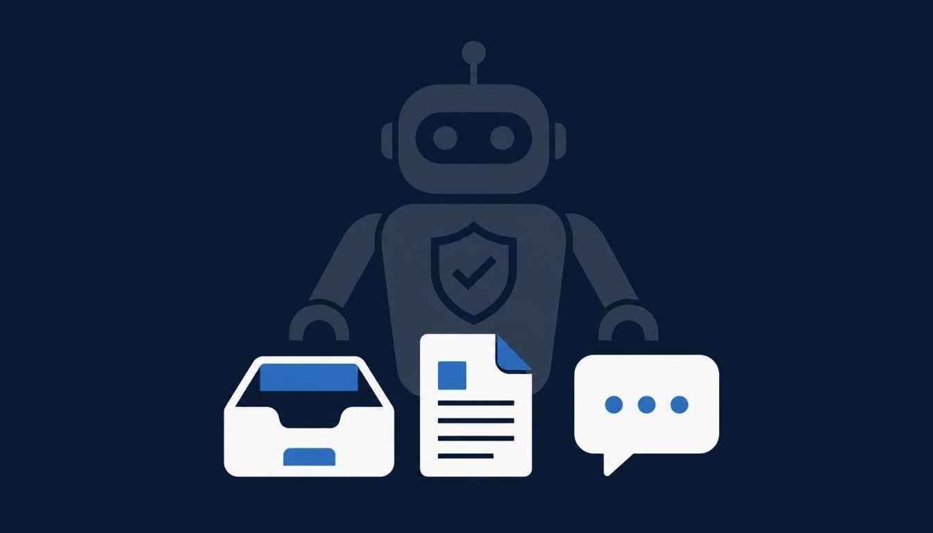 Shadow AI risk illustration showing an AI icon behind everyday office tools like email and documents