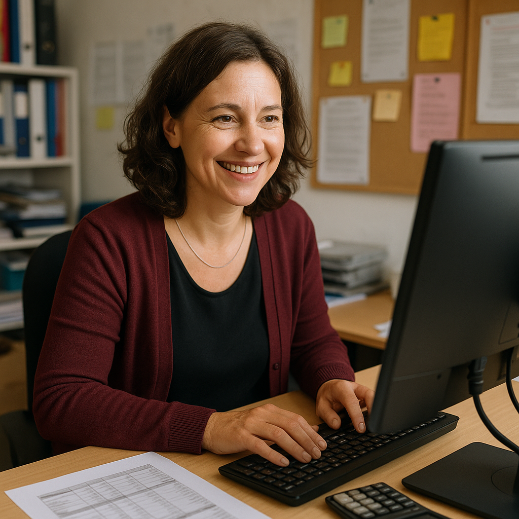 photographic A woman finance director of a small independent charity in an office smiling working at her computer-1