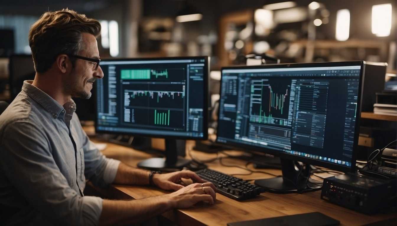 A small business owner sits at a desk, surrounded by computers and tech equipment. A technician assists with setup, while the owner looks on, eager to learn