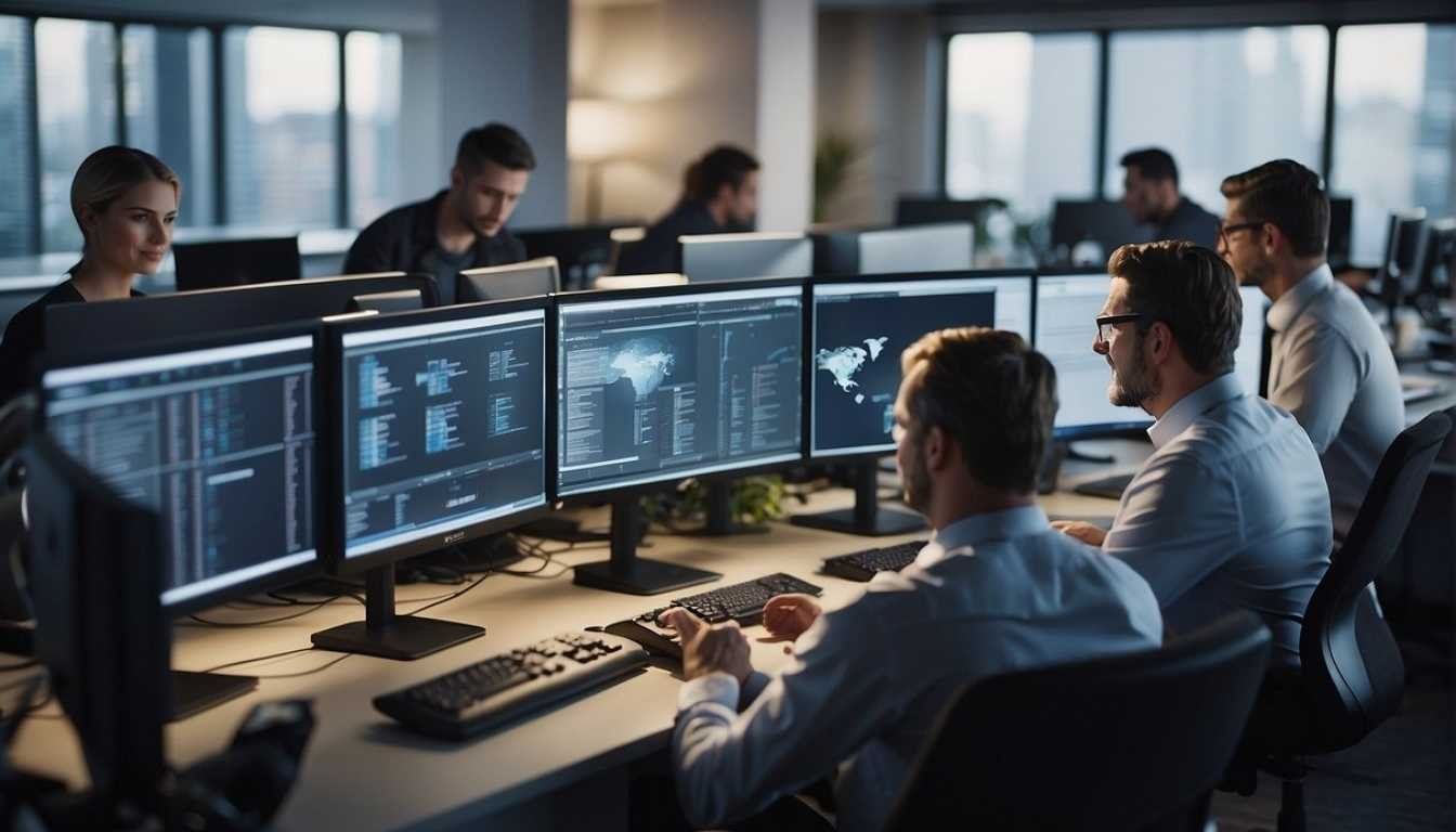 A group of IT technicians working in a modern environment.