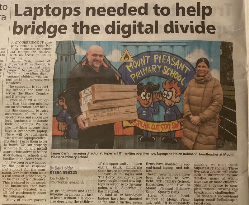 News clipping - James Cash, Managing Director, Superfast IT and Mrs Helen Robinson, Head Teacher at Mount Pleasant Primary School