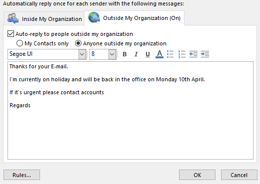 Auto replies outlook org