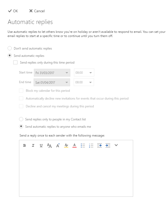 Auto replies outlook webs