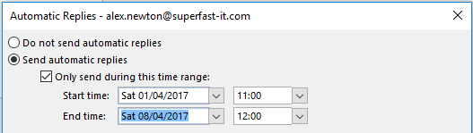 auto replies outlook time