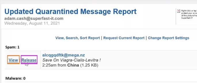 Spam email options in quarantine
