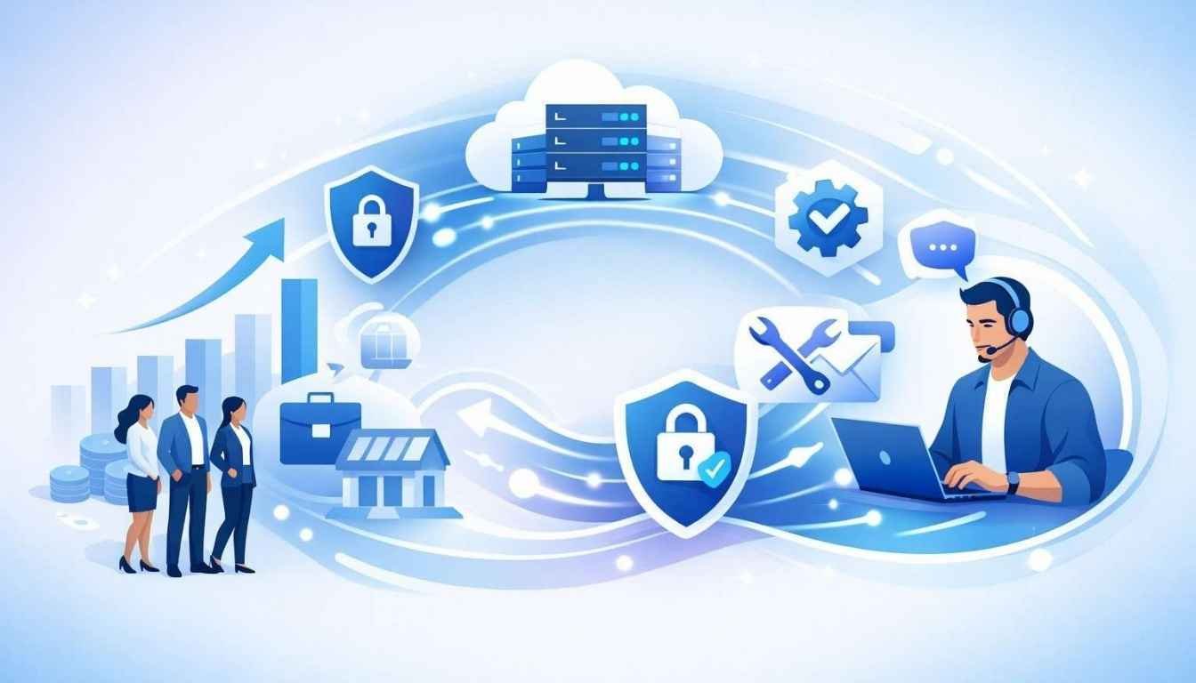 Conceptual illustration of outsourced IT services for SMEs featuring cloud infrastructure, cybersecurity protection, managed IT support systems, and connected digital business technology.