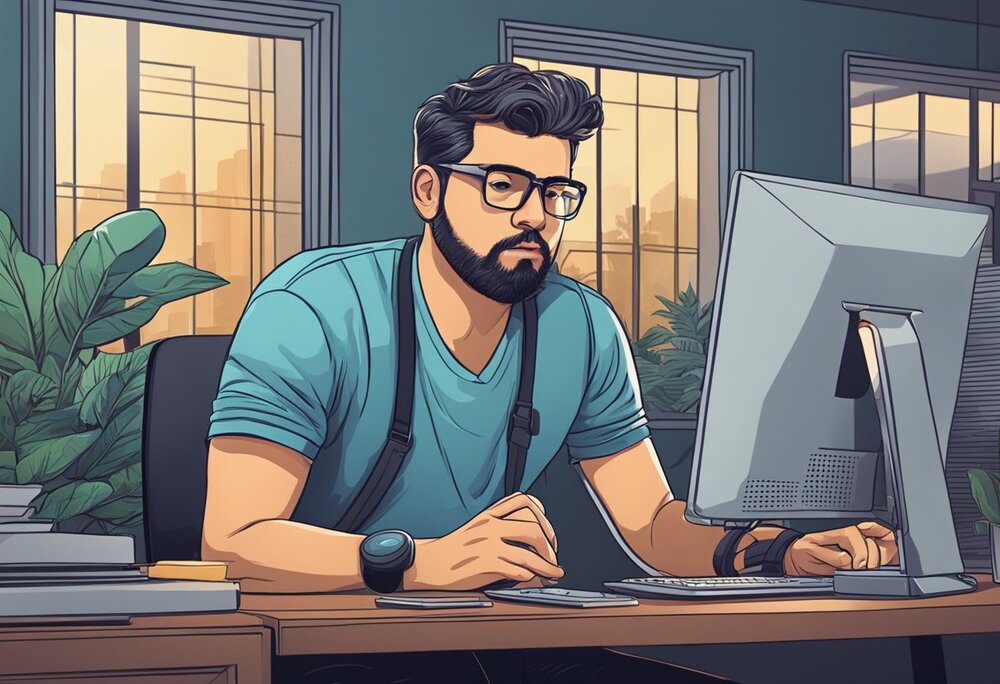 A business owner in a modern office environment, working on his computer.