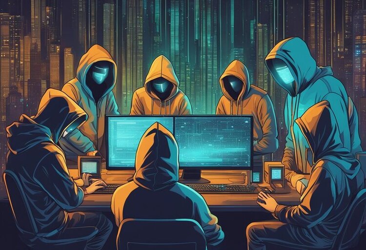 A group of hackers in hoodies surround a glowing computer screen, their faces illuminated by the digital code as they work